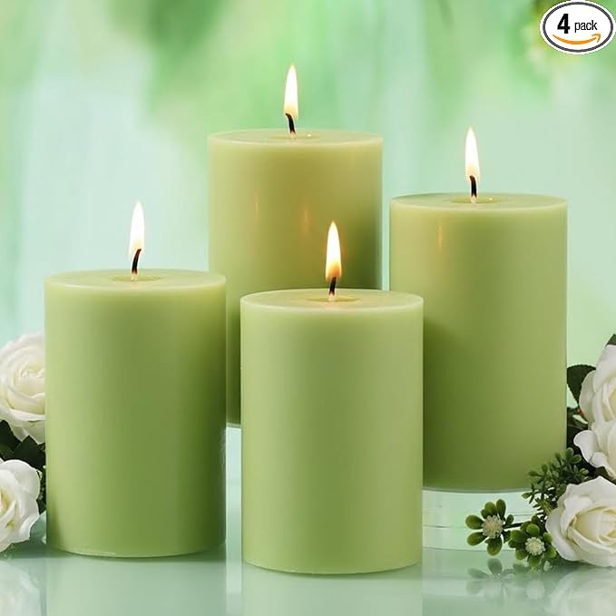 4 Pack Sage & White Tea Scented Pillar Candles-2.8x4 Inch Sage Green Soy Wax by MAKALONE