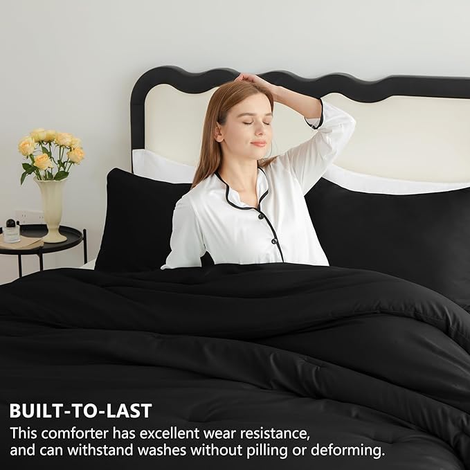 CozyLux Queen Comforter Set Black, 3 Pieces Solid Comforters Queen Size - Image 2