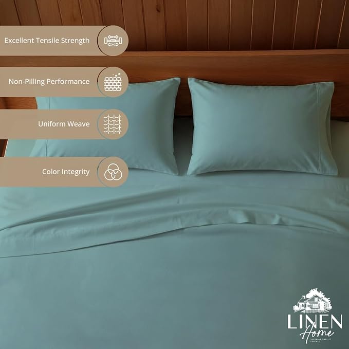 Linen Home 100% Cotton Percale Sheets Twin Size, Aqua Blue, Deep Pocket - Image 2