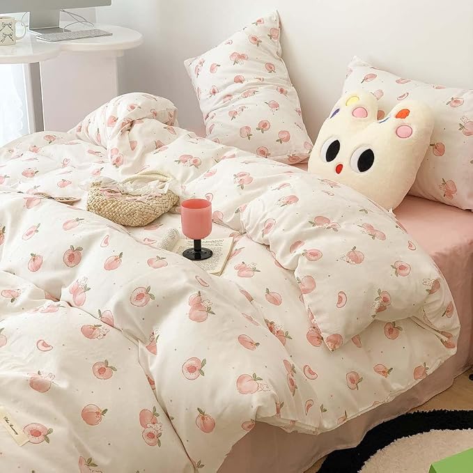 Nayoroom Pink Peach Duvet Cover Queen Size Kawaii Fruit Peaches Rabbit Printed by Nayoroom