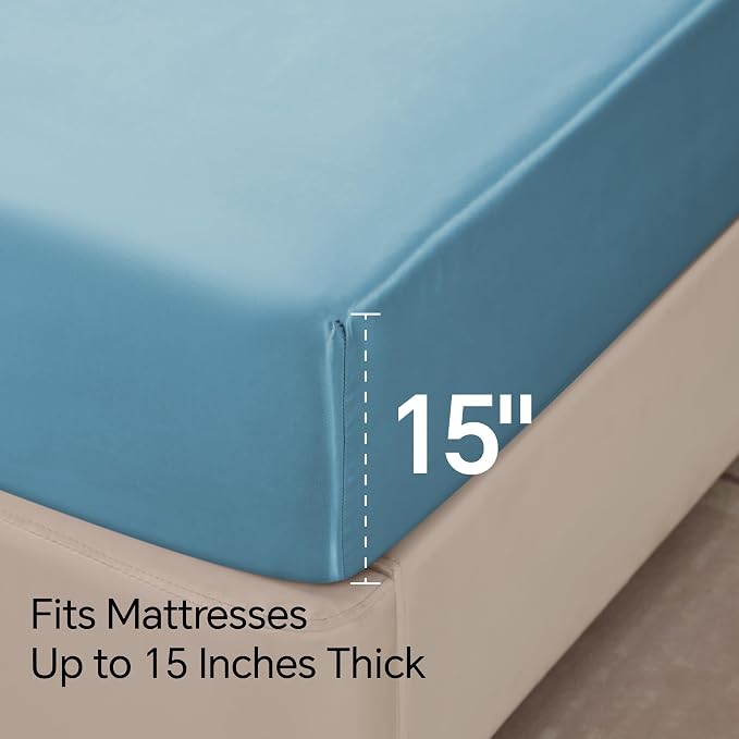 BEDELITE Satin Sheets Twin Size Bed Set, Luxury Soft Airy Blue Silky Sheets - Image 6