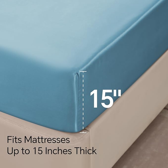 BEDELITE Satin Sheets Queen Size Bed Set, Luxury Soft Airy Blue Silky Sheets - Image 6