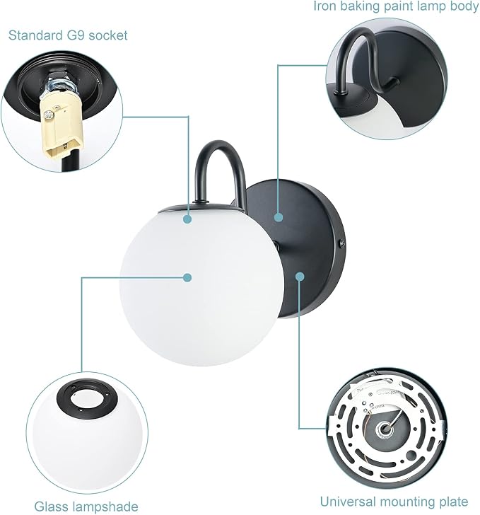 Industrial Bedroom Wall Sconce Black Indoor Wall Light Fixture Milk White Globe - Image 4