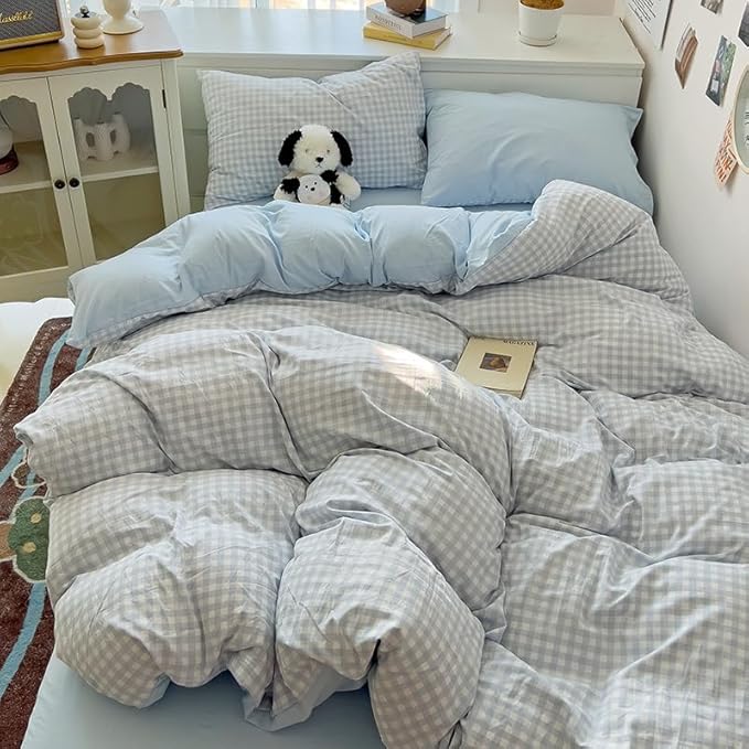 Nayoroom Gingham Duvet Cover King Size Reversible Blue Plaid Checkered Duvet - Image 4