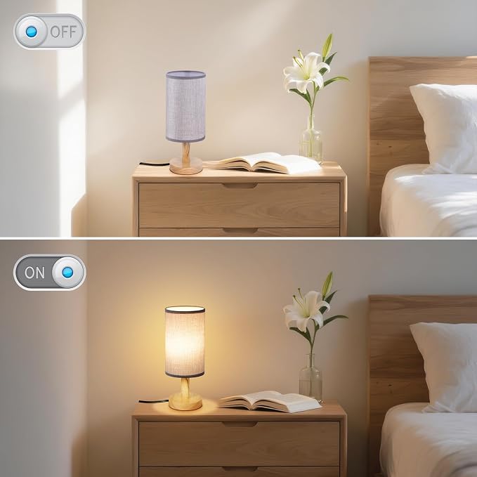 Gray Small Bedside Table Lamp for Bedroom, Natural Round Wood Base&Fabric Linen - Image 6