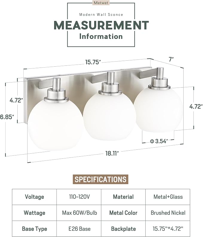 Bathroom Light Fixtures, 3-Light Brushed Nickel Vanity Light, Modern Wall - Image 3