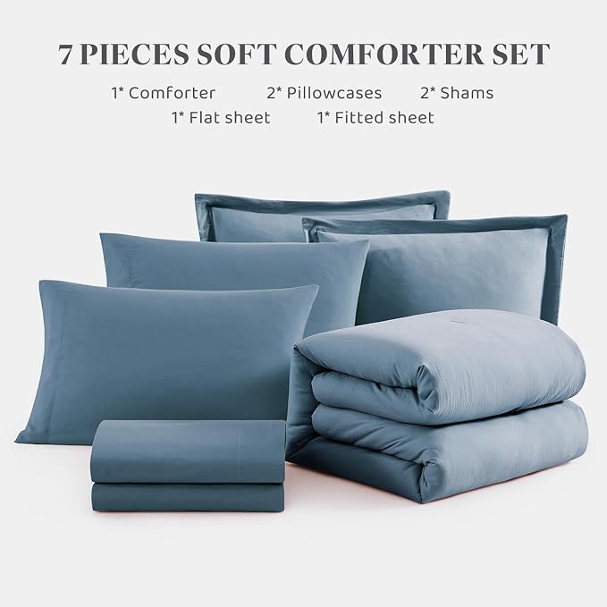 WRENSONGE King Size Comforter Set- 7 Pieces Soft Oxford Blue Bed in a Bag King - Image 8