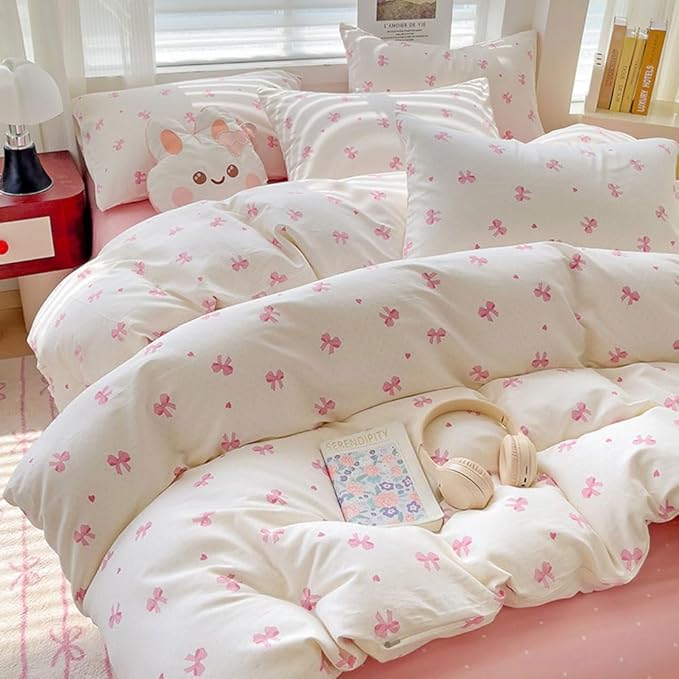 Nayoroom Pink Bow Duvet Cover Full Size Heart Bows Printed Coquette Bedding Set - Image 4