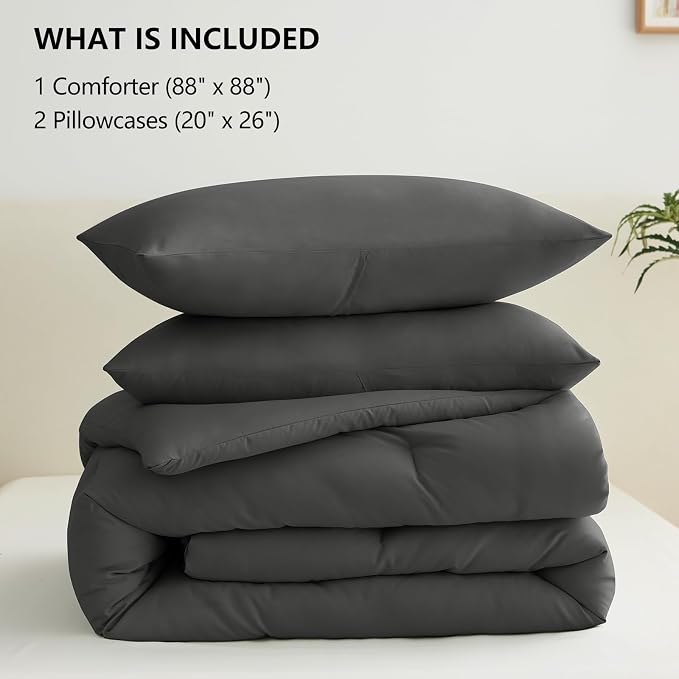 CozyLux Queen Comforter Set Dark Grey, 3 Pieces Solid Comforters Queen Size - Image 6