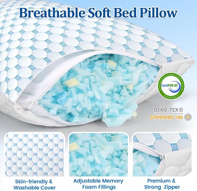 CloudBliss Cooling Bed Pillows for Sleeping, Shredded Memory Foam Pillows - Image 5