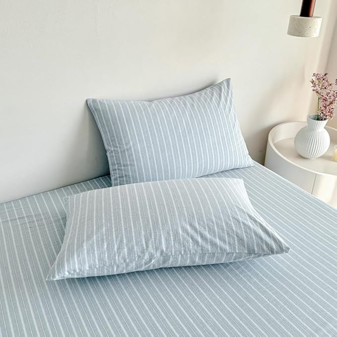 PinkMemory Blue Striped Duvet Cover Set Queen 100% Washed Cotton Blue Stripes - Image 5