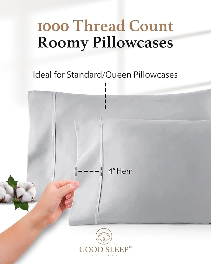 1000 TC Light Gray Standard Pillowcases Set of 2 100% Egyptian Cotton Pillow - Image 3