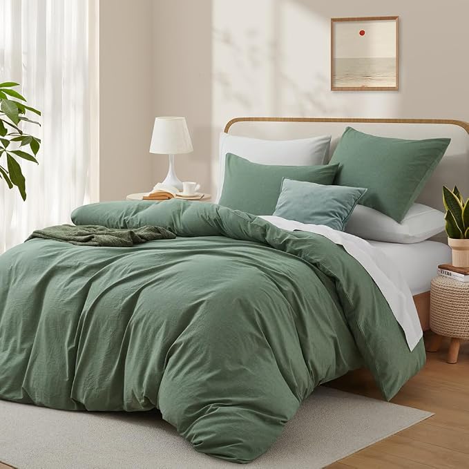 LOVQUE 100% Washed Cotton Duvet Cover Queen Size, Mint Green Fade-Resistant - Image 2
