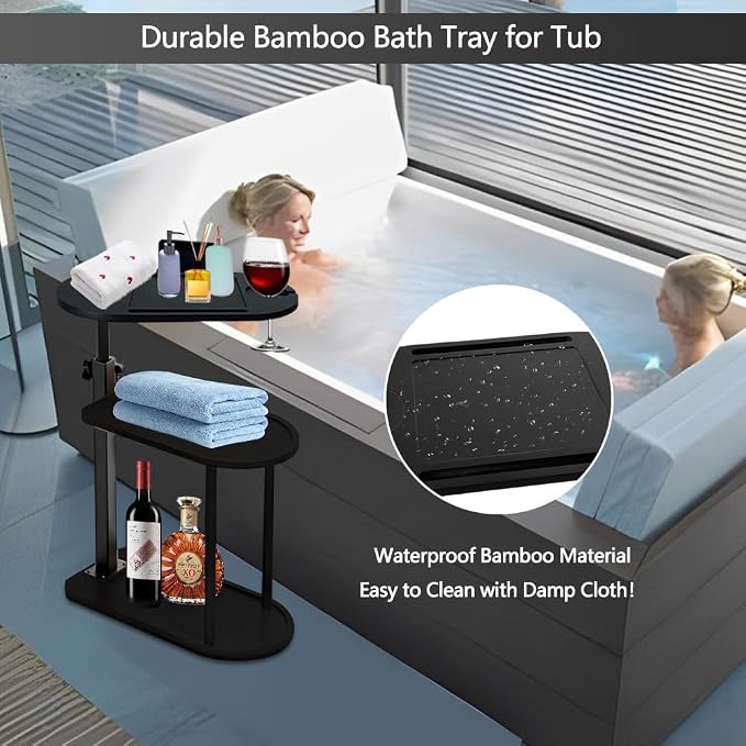 3 Layer Bathtub Tray Table, Bamboo Swivel Bathtub Side Table Height Adjustable - Image 2