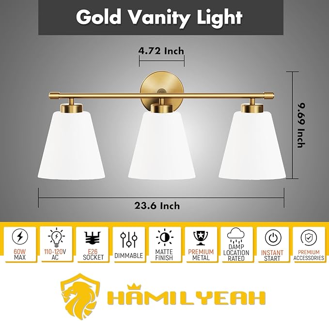 Hamilyeah Gold Bathroom Vanity Light Fixtures Over Mirror, 3 Light Vanity Lights - Image 2