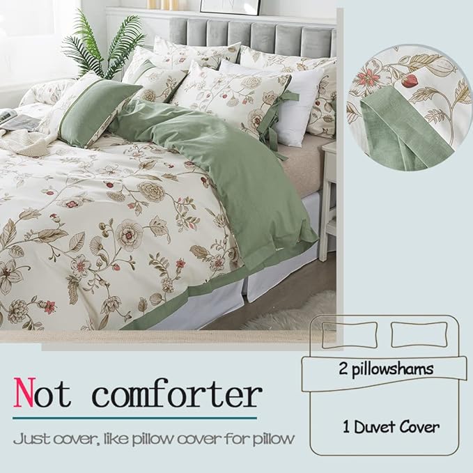 FADFAY Floral Bedding Set Twin 100% Cotton Shabby and Chic Beige Green - Image 4