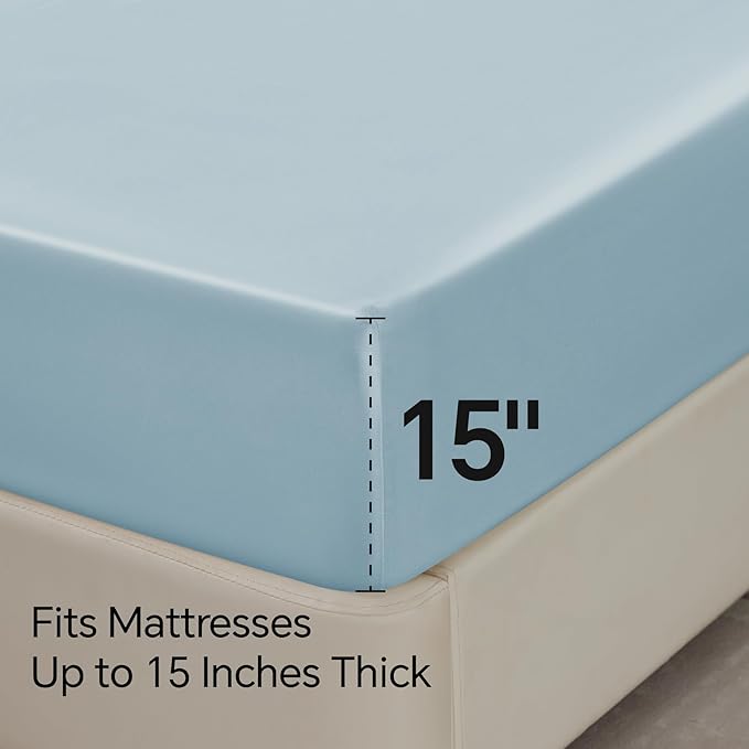 BEDELITE Satin Sheets Twin XL Size Bed Set, Luxury Soft Light Blue Silky Sheets - Image 6