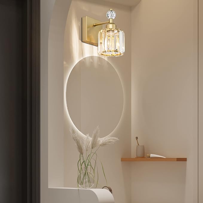 PRESDE Single Crystal Wall Sconce, Modern Gold Vanity Light Fixture, 1-Light - Image 3