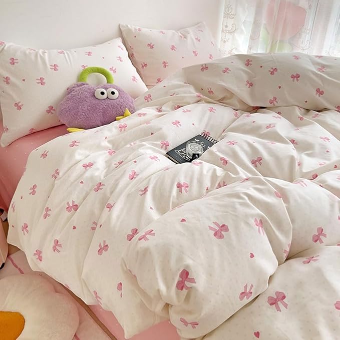 Nayoroom Pink Bow Duvet Cover Full Size Heart Bows Printed Coquette Bedding Set - Image 5