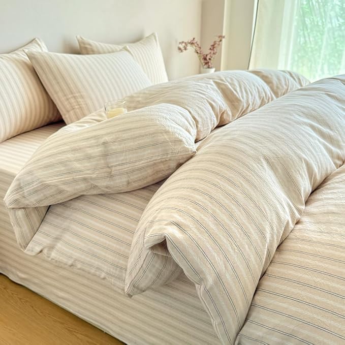 PinkMemory Beige Striped Duvet Cover Set Queen 100% Washed Cotton Beige Wide by PinkMemory