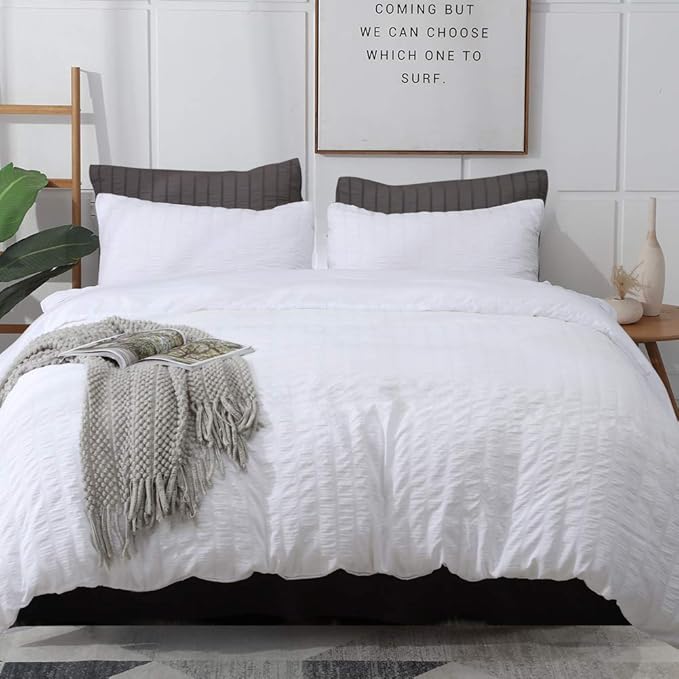 AveLom White Duvet Cover Twin Size，2 Pieces Stripe Textured Soft Washed by AveLom
