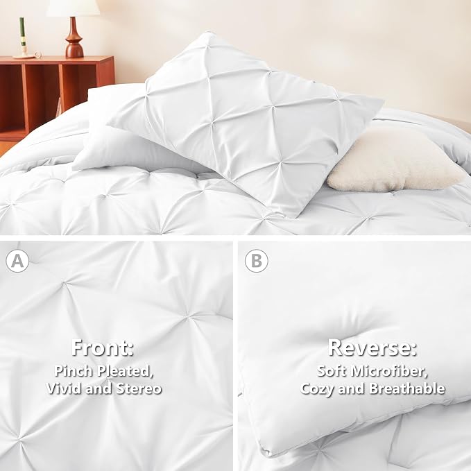 HIMEET Pintuck Bed in a Bag, 7 Pieces Queen Size Comforter Set White, Luxury - Image 3