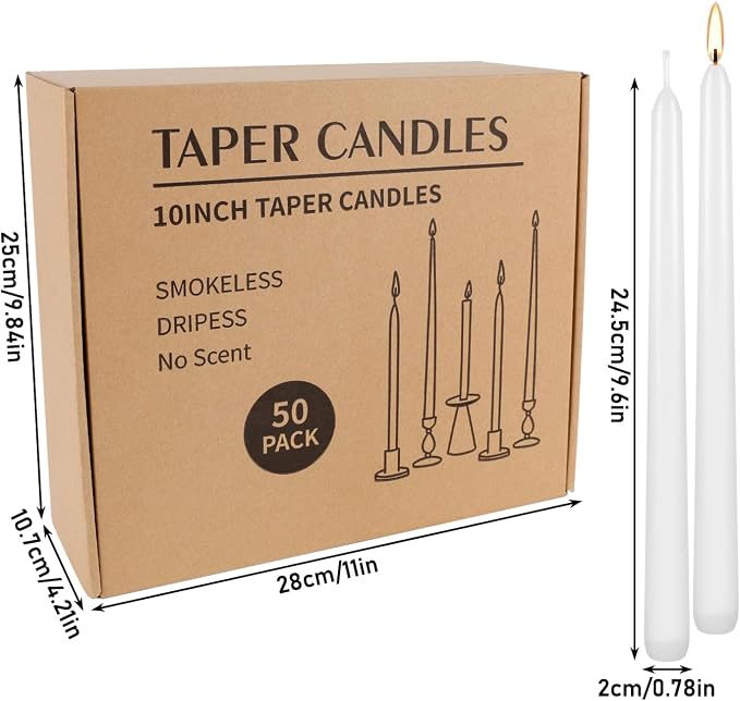 WPONSZU 50 Pack White Taper Candles, 7-8 Hours Burn Time, Smokeless and Dripless - Image 8