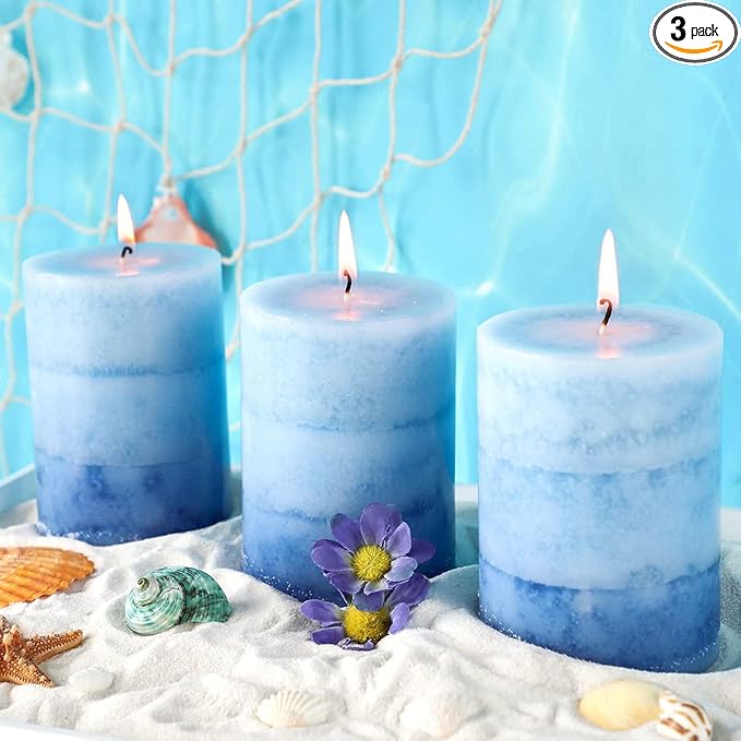 3x4 inch Blue Pillar Candles for Home Scented 3 Pack Lilac Garden Scented by FLAVCHARM