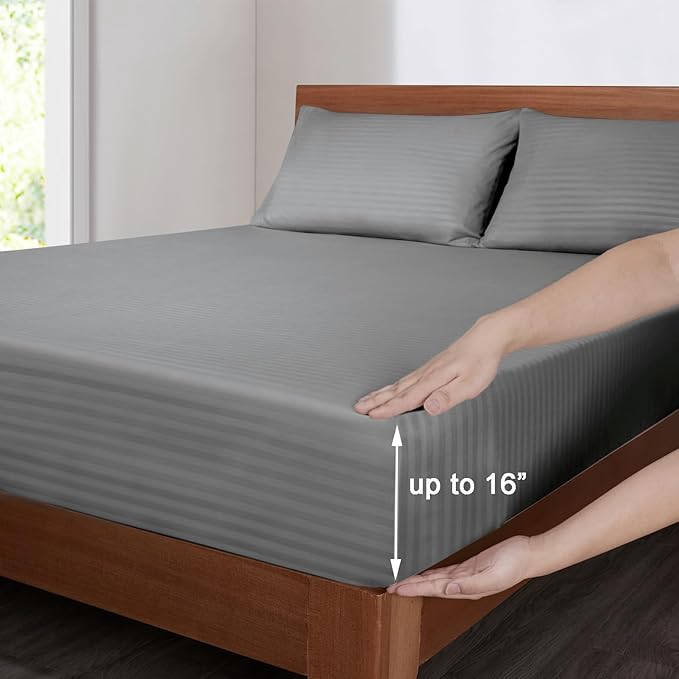 Mejoroom Striped Grey-01 1800 Thread Count Queen Sheet Set - Image 3