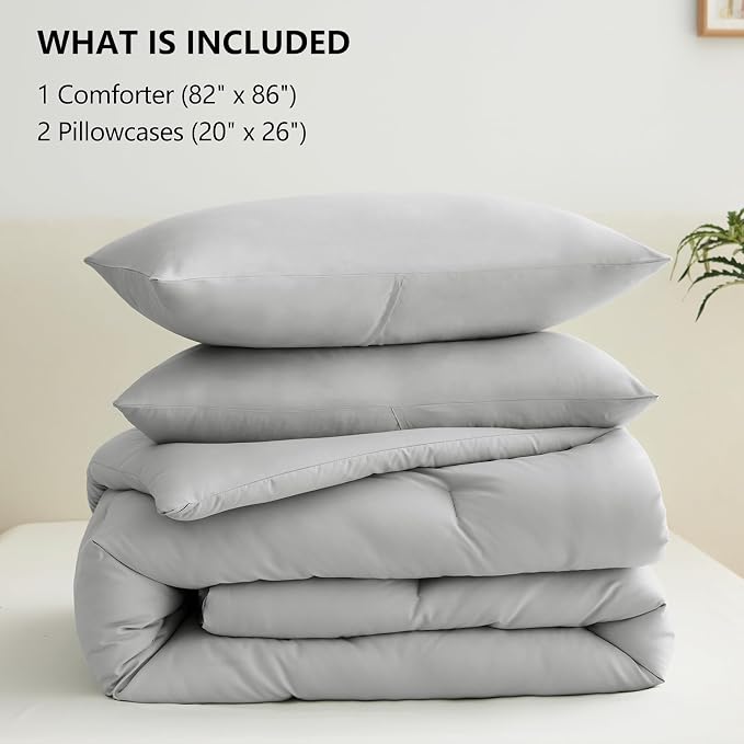 CozyLux Full Size Comforter Set Light Grey, 3 Pieces Solid Breathable Quilted - Image 6