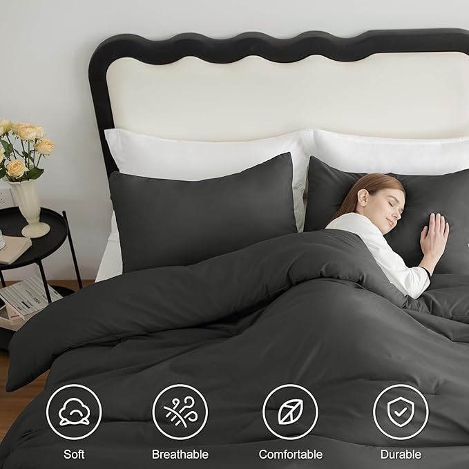 CozyLux Full Size Comforter Set Dark Grey, 3 Pieces Solid Breathable Quilted - Image 5