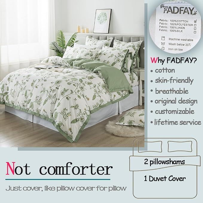 FADFAY Green Duvet Cover Set Full Floral Bedding 100% Cotton Shabby Vintage - Image 2