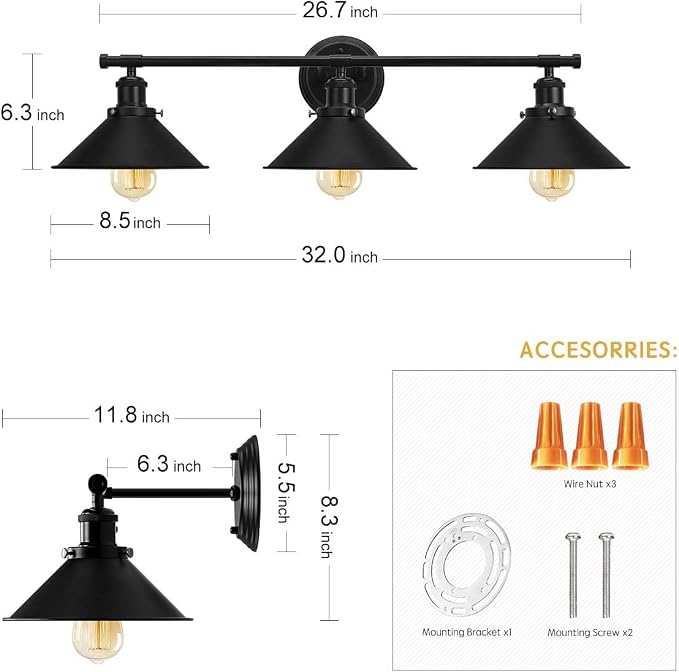 32" Upgrade Black Bathroom Light Fixture, 3-Light Vanity Lights - Image 6