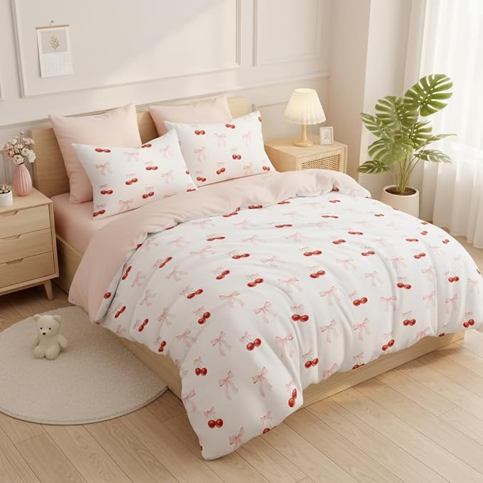 Nayoroom Pink Bow Duvet Cover Queen Size Reversible Red Cherry Duvet Cover 3 - Image 4