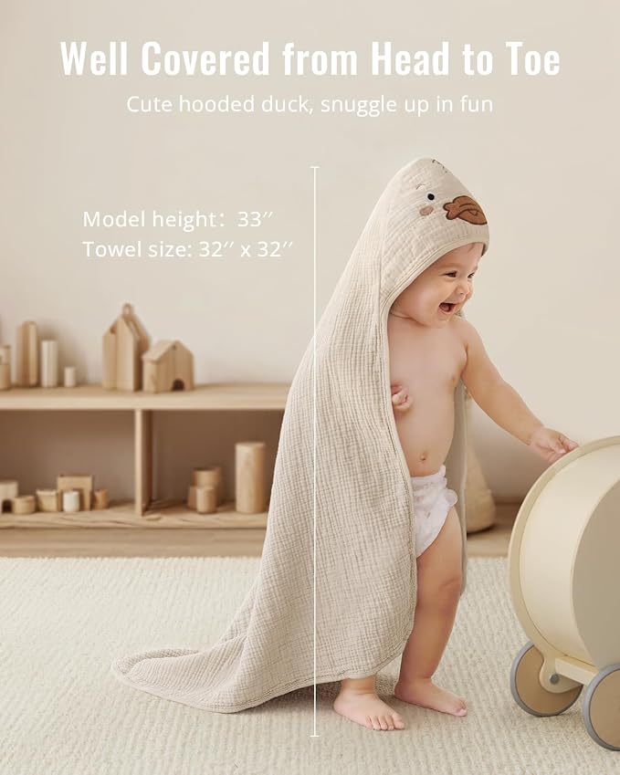 Blissful Diary Muslin Baby Hooded Towel 1 Pack, Soft & Absorbent Bath Towel - Image 4