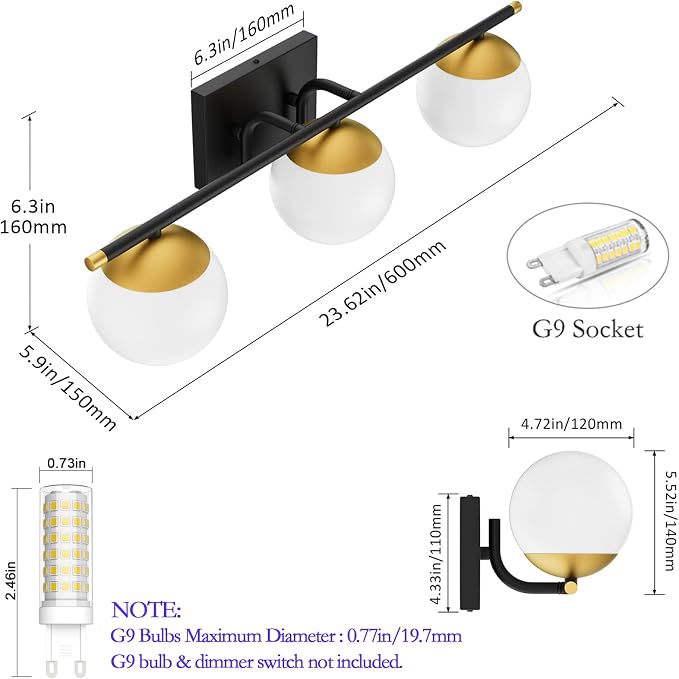 Ralbay Black and Gold Bathroom Lights 3-Light Mid Century Modern Milky Glass - Image 5
