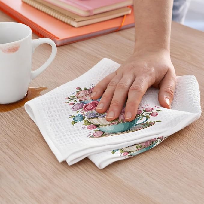 2PCS Watercolor Rose Kitchen Towels, Flower Coffee Cup Waffle Weave Dish Tea - Image 5