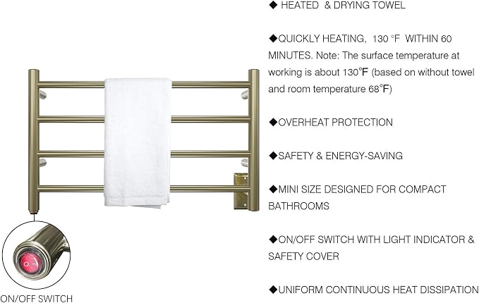 HEATGENE Towel Warmer 4 Bar Towel Dryer Wall-Mounted Plug-in Bath Towel Heater - Image 4