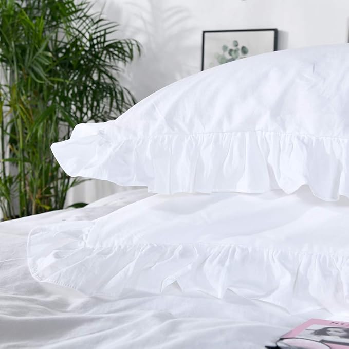 Queen's House White Ruffle Twin Duvet Cover, Washed Cotton Shabby Boho Chic - Image 3
