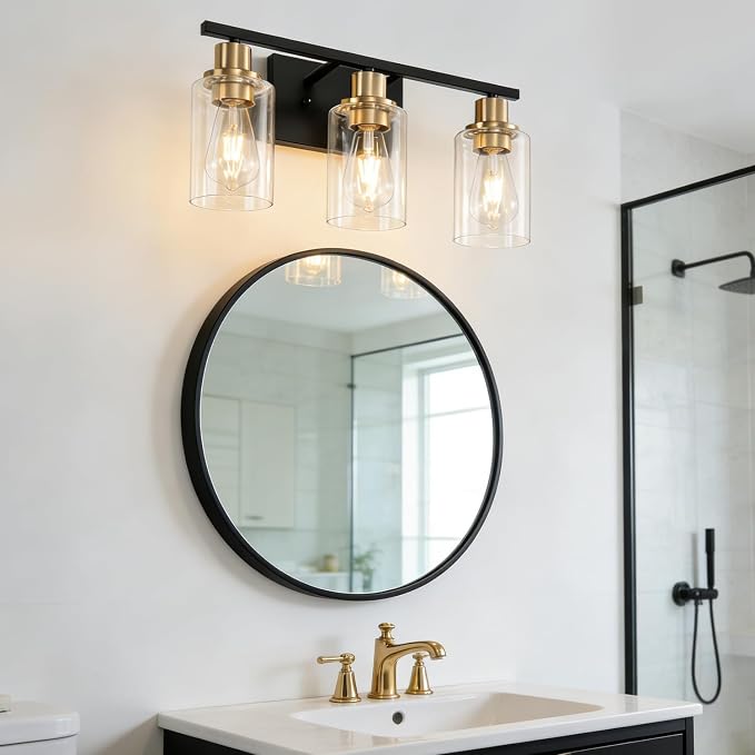 Bathroom Light Fixture Black Gold Vanity Lights Over Mirror, 3 Light Wall - Image 3