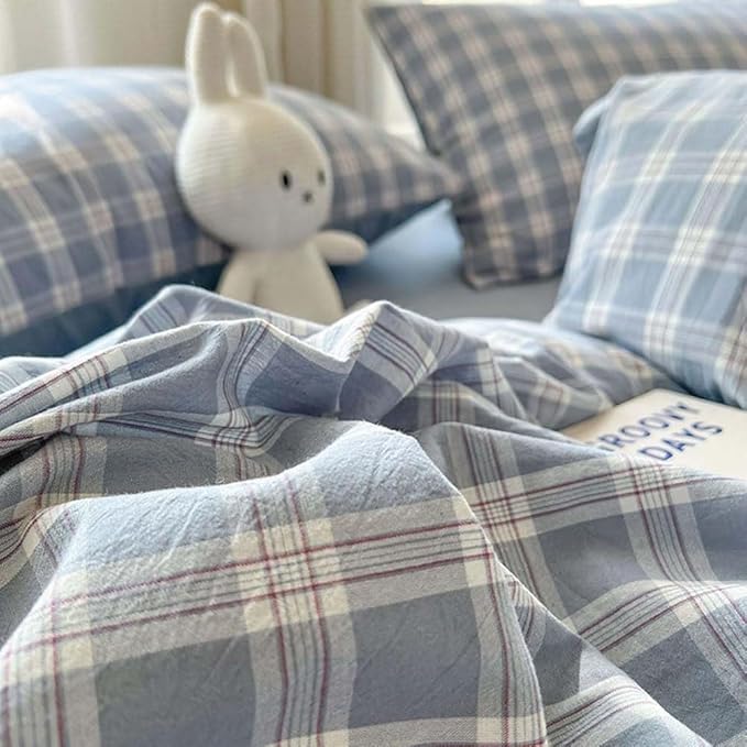 Nayoroom Plaid Duvet Cover Queen Size Blue Checkered Gingham Duvet Cover 3 Pcs - Image 6