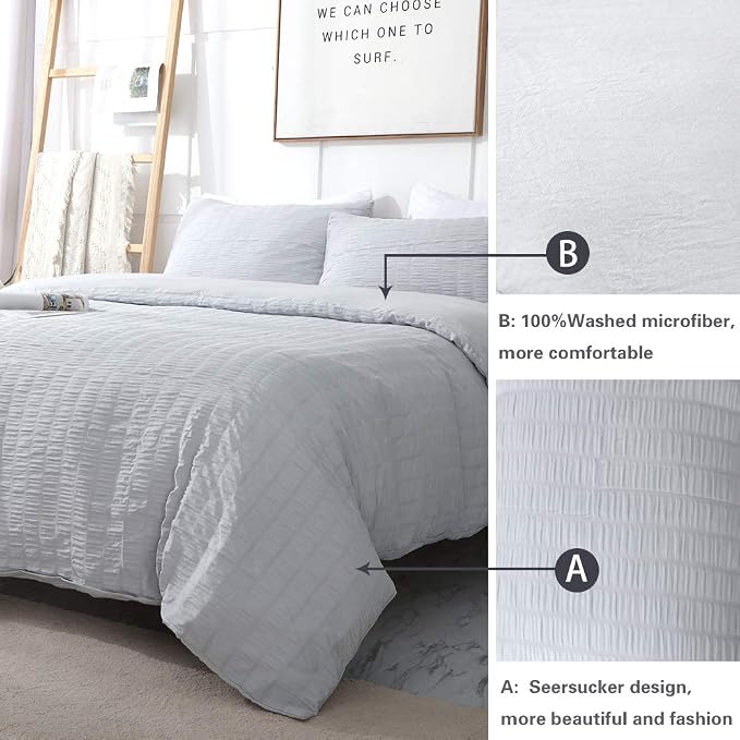 AveLom Light Gray Duvet Cover Full, 3 Pieces, Seersucker Tripe Soft Washed - Image 7