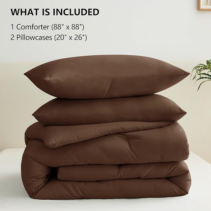 CozyLux Queen Comforter Set Brown, 3 Pieces Solid Comforters Queen Size - Image 7