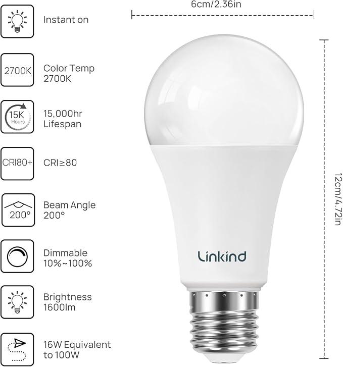 Linkind A19 LED Light Bulbs Dimmable, 100W Equivalent Light Bulbs, 2700K Soft - Image 2