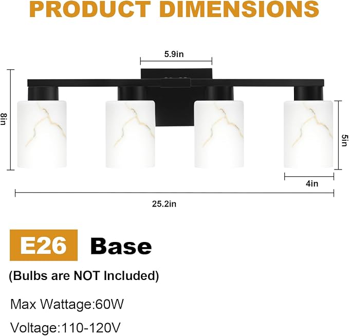4-Light Bathroom Light Fixtures, Modern Vanity Lights, Living Room, E26 Base - Image 2