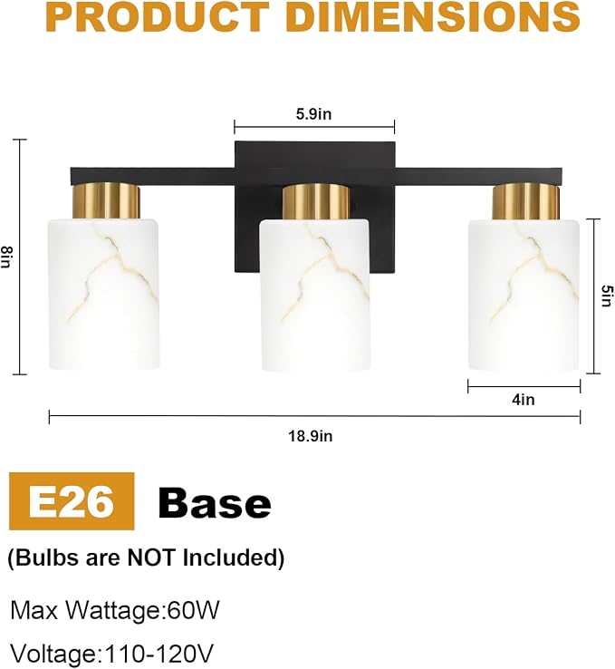3-Light Bathroom Light Fixtures, Modern Vanity Lights, Living Room, E26 Base - Image 2