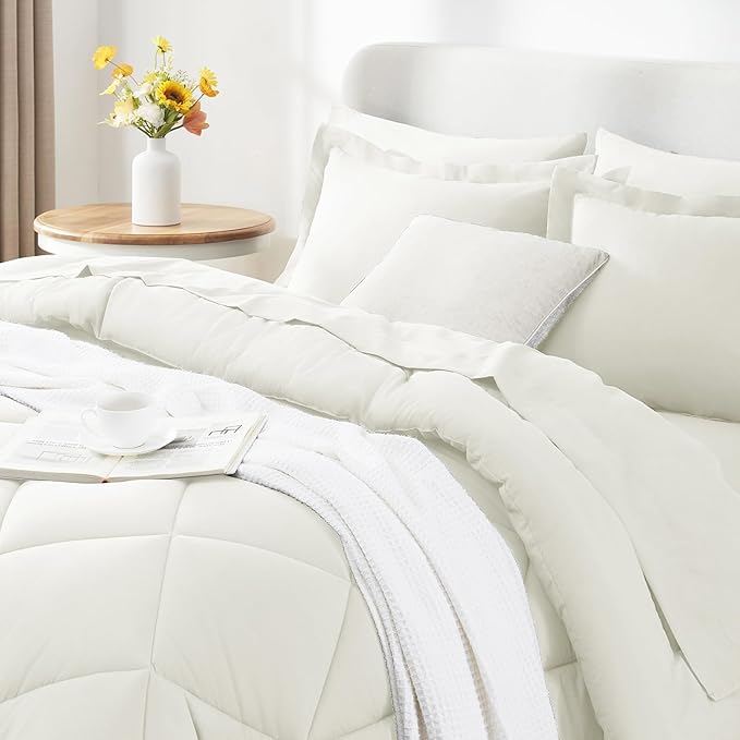 CozyLux Queen Comforter Set Ivory - Image 3