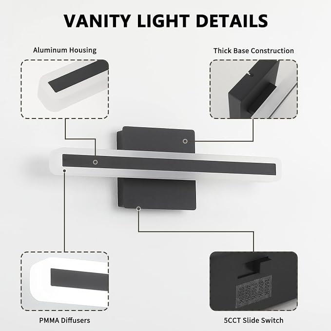 JUSHENG Black Vanity Lights for Bathroom, 5CCT Dimmable Bathroom Light Fixtures - Image 5