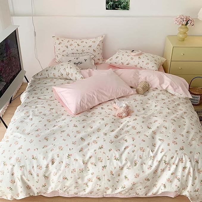 Nayoroom Pink Floral Duvet Cover Queen Size Reversible Green Botanical Leaf - Image 5