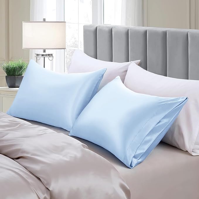Aormenzy Satin Pillow Cases for Women Queen Size Set of 2, Baby Blue Satin - Image 4